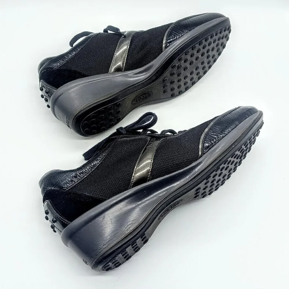 Tod's Black Italian Suede Leather Mesh Wedge Sneakers